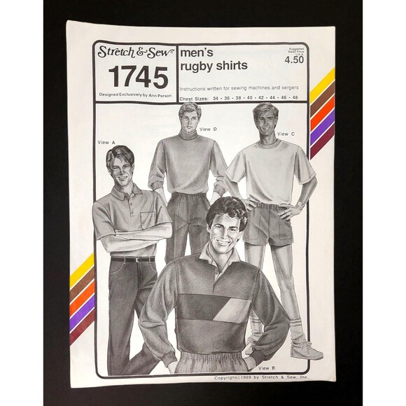 Mens Rugby Shirt Pattern Stretch & Sew 1745 Uncut 1980's VTG Sizes 34" to 48" - Picture 1 of 6